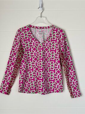 ICIKULS Geo-Print V-Neck Long Sleeve Performance Shirt Women's Size Large